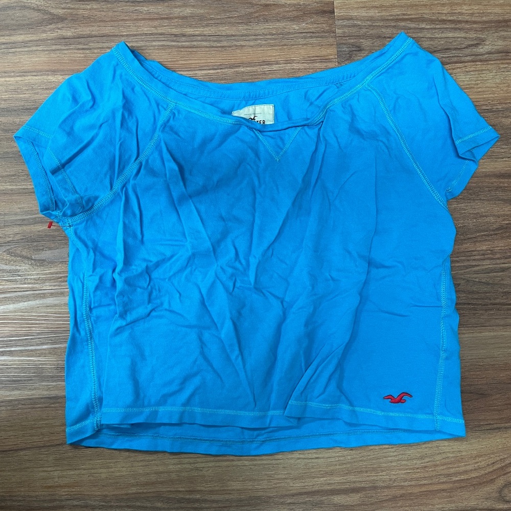 Hollister Bright Blue Tee Wide Neck Cropped